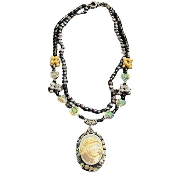 Vintage Peacock Pearl MOP Abalone Multi Strand Victorian Lady Cameo Necklace - Picture 1 of 8